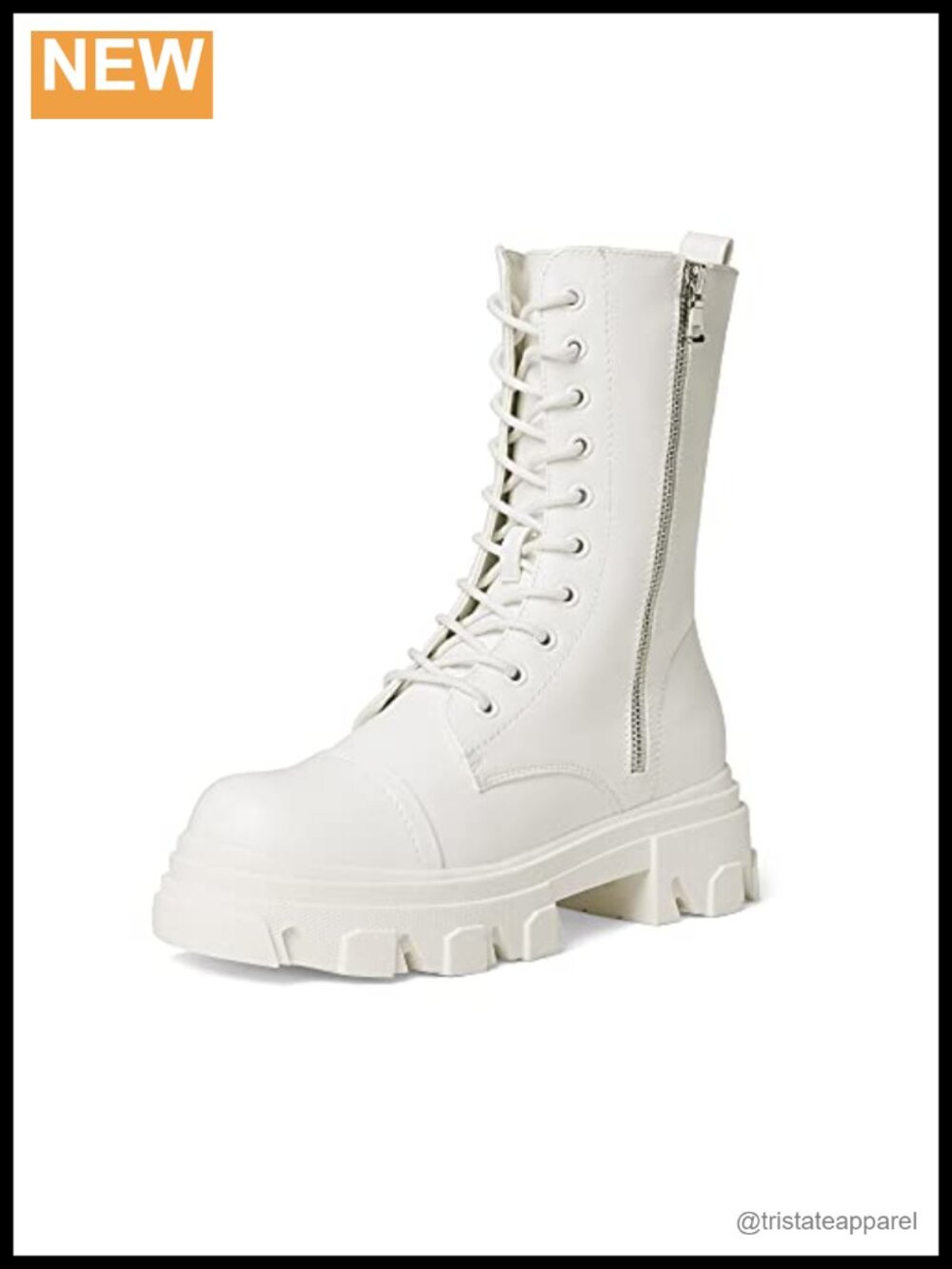 Women's Combat Boots Lace Up Mid Calf Boots Faux Leather Zip Closure